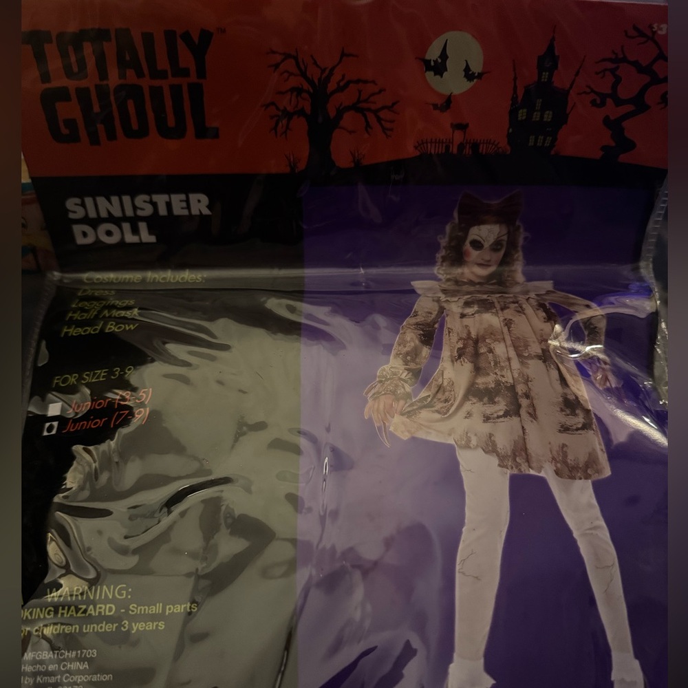Sinister doll costume has dress leggings half mask bow size jr. 7-9